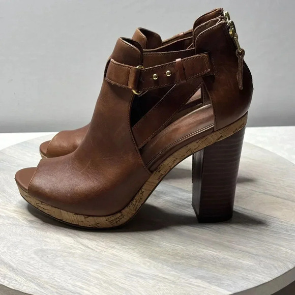 RALPH LAUREN Cognac Leather Open Toe Back Logo Zip FIANA Booties Size 8B - Picture 4 of 9